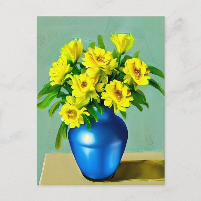 Cartão Postal Rosas Amarelas em Arte Azul Vase Boho (Frente)