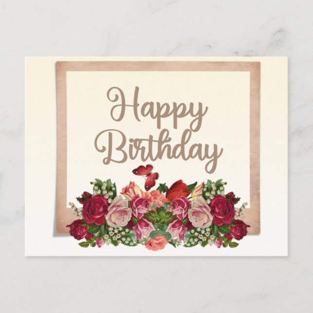 Cartão Postal Rosas Antigas, Lírio do Vale Feliz Aniversário (Frente)