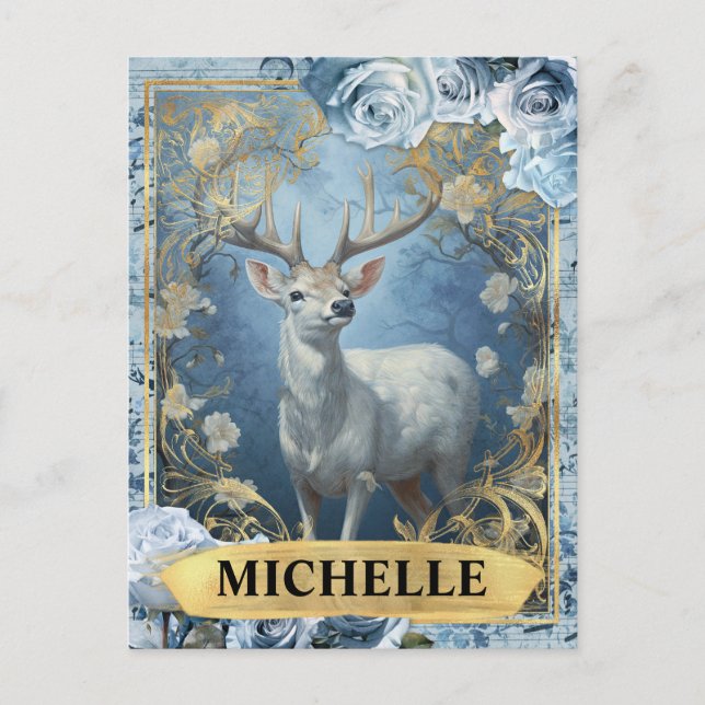 Cartão Postal Rosas Azuis Românticas e Fantasia de Veado (Frente)