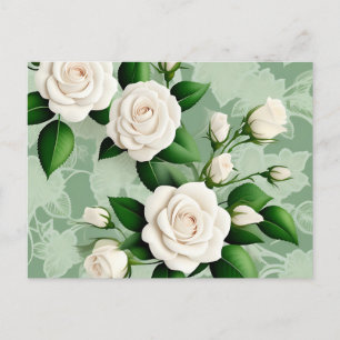 Cartão Postal Rosas Brancas Elegantes Em Verde