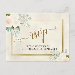 Cartão Postal Rosas Brancas & Eucalipto Dourado RSVP Casamento