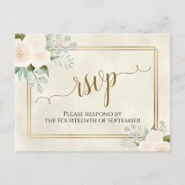Cartão Postal Rosas Brancas & Eucalipto Dourado RSVP Casamento