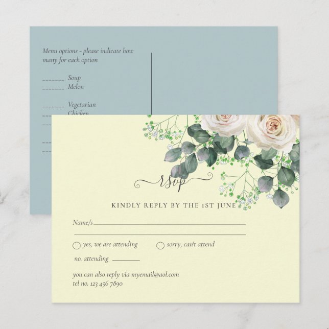 Cartão Postal Rosas Brancas Salvia Eucalipto Amarelo RSVP (Frente/Verso)