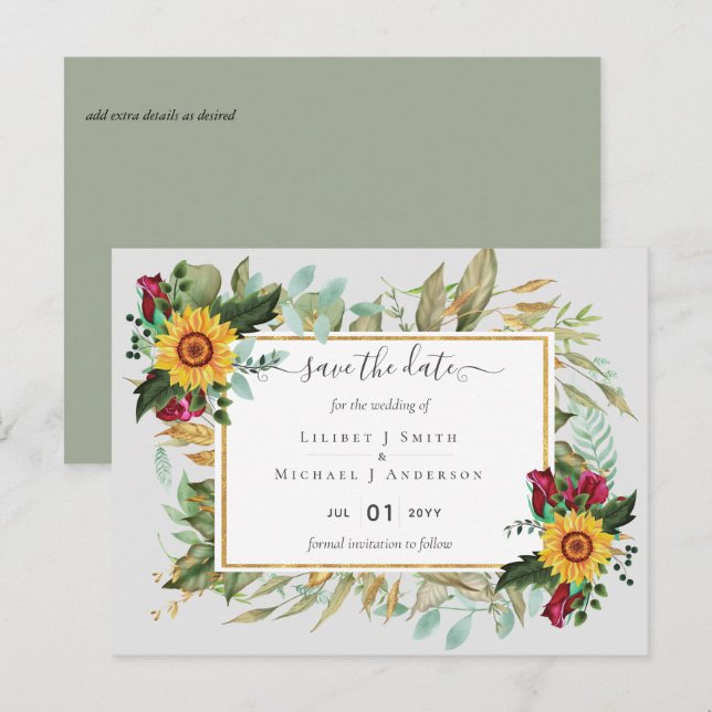 Cartão Postal Rosas Brilhantes Girassóis Salva A Data (Frente/Verso)