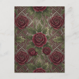 Cartão Postal Rosas Burgundy Vermelho Escuro Treliça Ornata Verd