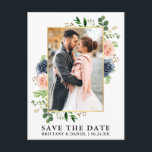 Cartão Postal Rosas Cor-De-Água Azul Cor-De-Rosa Salva A Data<br><div class="desc">Moldura Náutica Moderna Eucalyptus Greenery Dusty Rosas Azuis Rosa Moldura Salva A Data Cartão-postal do Noivado Fotográfico - Quadro Dourado</div>