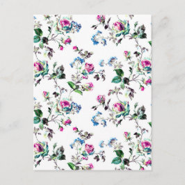 Cartão Postal Rosas cor-de-rosa e Design Flores Azuis