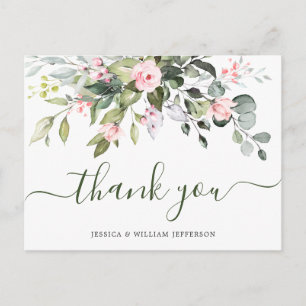 Cartão Postal Rosas Cor-de-Rosa Eucalipto Agradecimento de Casam