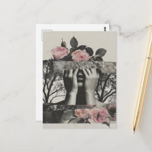 Cartão Postal Rosas Cor-de-Rosa Vintage Mulher Abstrata Colagem