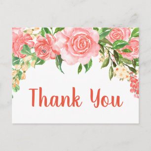 Cartão Postal Rosas Coral Rosa em Aquarela Obrigado