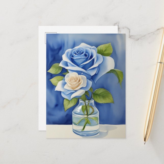Cartão Postal Rosas de azul de aquarelas em A Vase (Frente/Verso In Situ)
