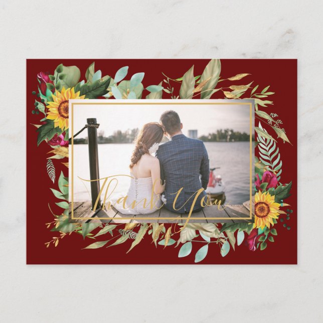 Cartão Postal Rosas de Borgonha do Orçamento Girassóis Obrigado  (Frente)