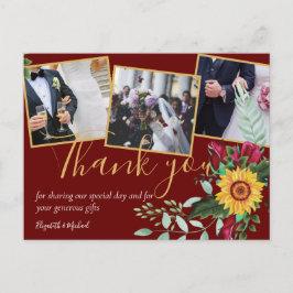 Cartão Postal Rosas de Borgonha Girassóis FOTO Obrigado