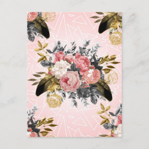 Cartão Postal Rosas de colheita romântica e design geométrico