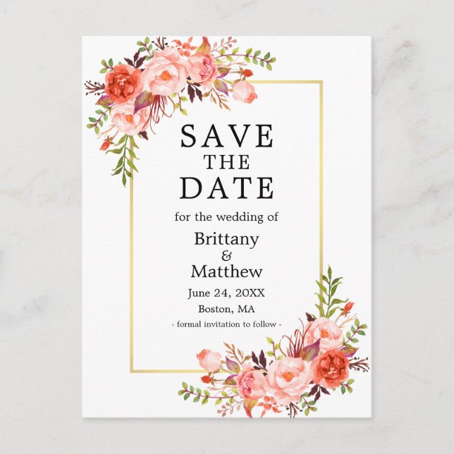 Cartão Postal Rosas De Coral De Aquarela Dourada Quadro Salvar A (Frente)