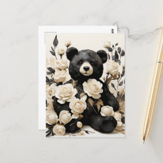 Cartão Postal Rosas de papel e Namorados do urso preto