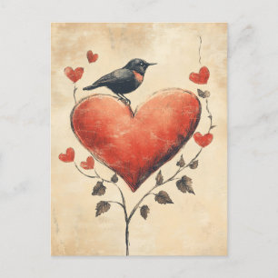 Cartão Postal Rosas e corações Bird Love Vintage
