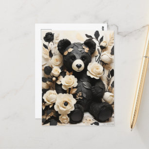 Cartão Postal Rosas e folhas de papel e Namorados do Urso Preto
