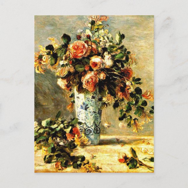 Cartão Postal Rosas e jasmim em um Delft Vase, pintura de Renoir (Frente)