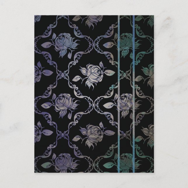 Cartão Postal Rosas Elegante preto-e-verde-azuis (Frente)