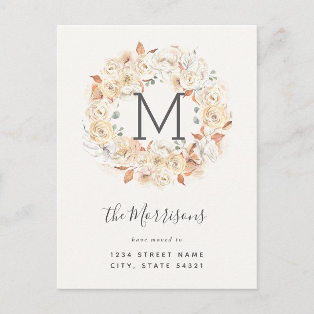 Cartão Postal Rosas Elegantes de Caligrafia Novo Endereço Movend (Frente)