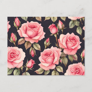 Cartão Postal Rosas em Aquarela Rosa sobre Fundo Preto 