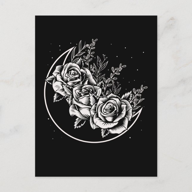 Cartão Postal Rosas Goth Lua Gótico Wicca Flores Crescente (Frente)