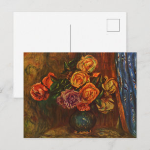 Cartão Postal Rosas Impressionistas de Renoir em Vaso Azul-Verde