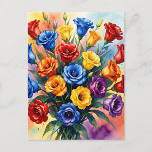 Cartão Postal Rosas Lisianthus Aquarela Multicor Vibrante