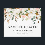 Cartão Postal Rosas Rosa-De-Aquarelas Magnolias Salvem A Data<br><div class="desc">Elegante Rosas Cor-de-Água Rosa e Magnolias Brancas Salvem A Data do Anúncio de Casamento O Cartão-Postal inclui o verde botânico e as folhas de eucalipto.</div>