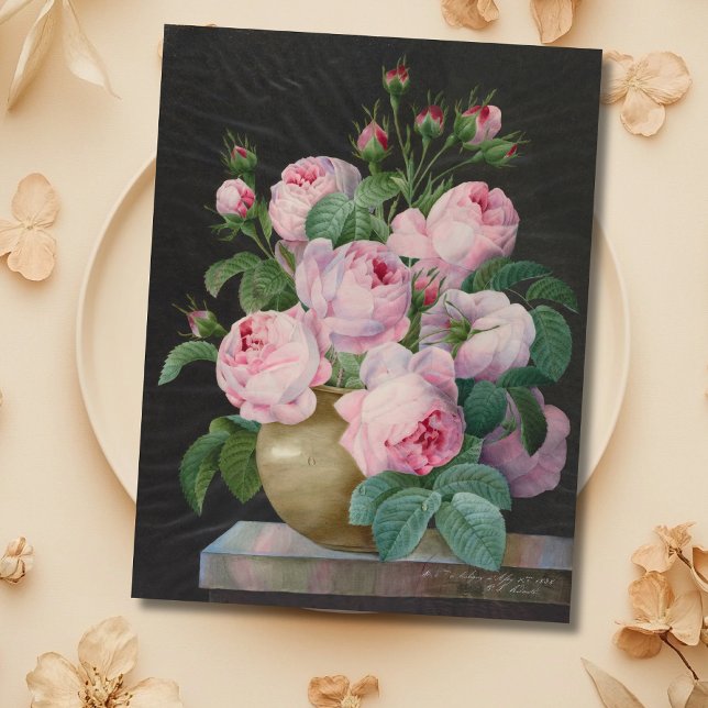 Cartão Postal Rosas rosa em um vaso - Pierre Joseph Redouté (Criador carregado)
