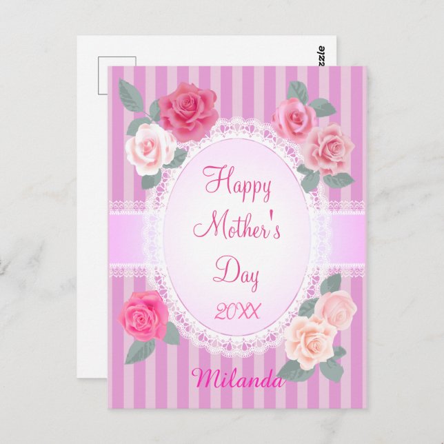 Cartão Postal Rosas Rosa Feliz Dia das Mães (Frente/Verso)