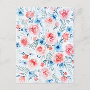 Cartão Postal Rosas Rosa Flores Azuis Aquarela Floral