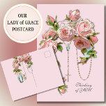 Cartão Postal Rosas Rosa Religiosas Virgem Rosária Maria Vintage<br><div class="desc">Apresentando uma bela imagem personalizada com uma bela imagem católica religiosa tradicional do rosário sagrado com rosas de safra cor-de-rosa pastel. Na parte de trás está um católico tradicional da Virgem Abençoada Maria, Nossa Senhora de Graça com a mesma design floral rosária. Todos os textos e fontes podem ser modificados....</div>