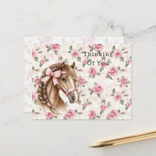 Cartão Postal Rosas Rosas Florais Cavalo com Laço Pensando em Vo
