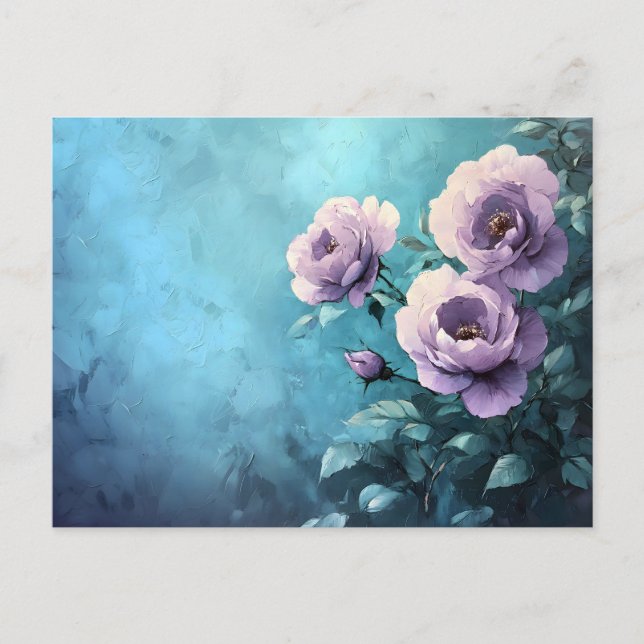 Cartão Postal Rosas Roxas em Azul Turquesa (Frente)