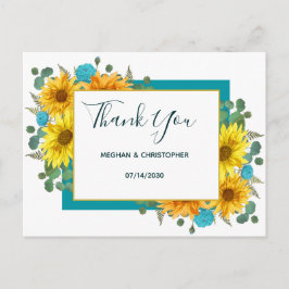 Cartão Postal Rosas Rustic Sunflower Chic Teal Casamento Obrigad