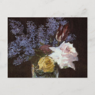 Cartão Postal Rosas, Tulipas, Lilases num Vaso Cristal - Cartão-