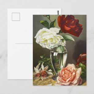 Cartão Postal Rosas Vermelhas Brancas e Rosadas Antigas em Arte 