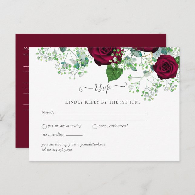 Cartão Postal ROSAS VERMELHAS de Borgonha Gypsophila WEDDING (Frente/Verso)