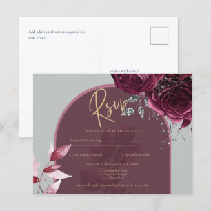Cartão Postal Rosas vermelhas de vinho RSVP de Casamento Dourado