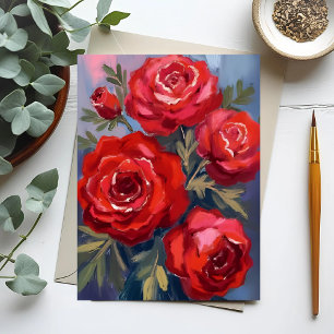 Cartão Postal Rosas Vermelhas Pintura em Aquarela Floral