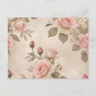 Cartão Postal Rosas Vintage e Margaridas em Fundo Bege
