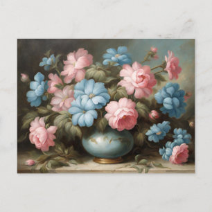 Cartão Postal Rosas Vitorianas, Flores Azuis em Vaso Natureza Mo