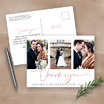 Cartão Postal Rose Gold Foil Script Photo Wedding Thank You<br><div class="desc">Rose Gold Handwritten Wedding Thank You Multiple Photo Card in a font that is elegant and evokes a romantic handwritten feel. Designed to use three of your favorite photos for added customization. Easily add your names and dates for a truly personalized design.</div>