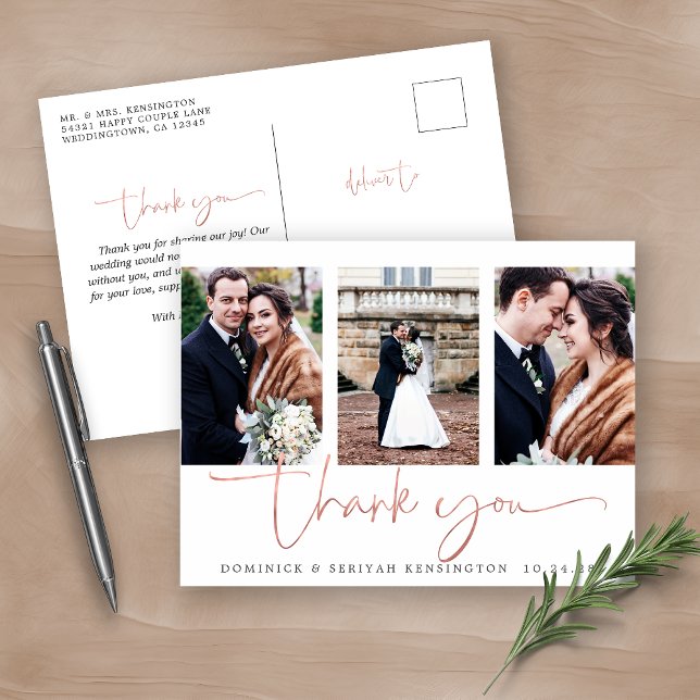 Cartão Postal Rose Gold Foil Script Photo Wedding Thank You (Criador carregado)