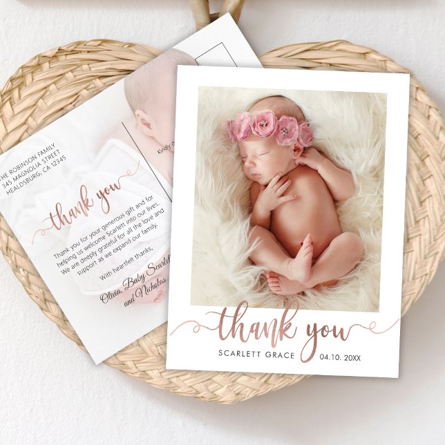Cartão Postal Rose Gold Script Modern Baby Photo Obrigado (Criador carregado)