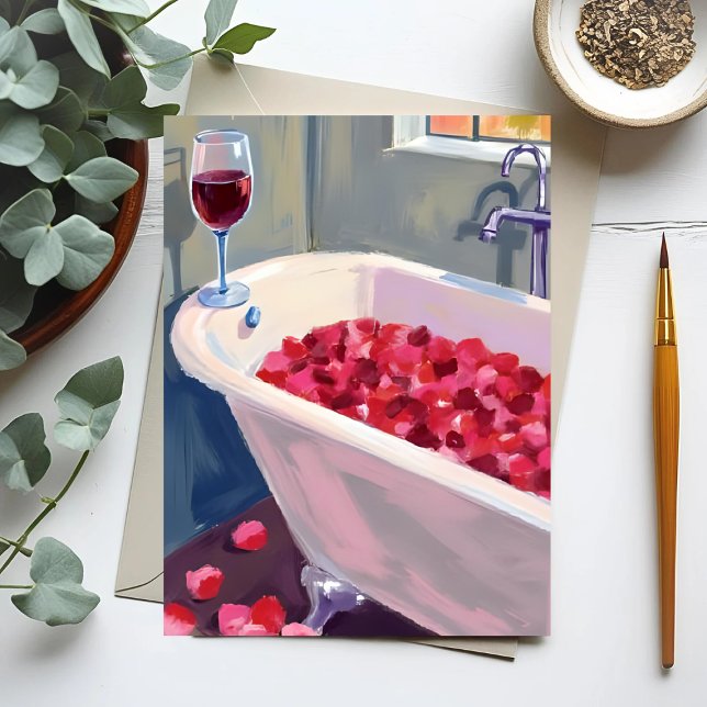 Cartão Postal Rose Petal Bath | Romantic Red Wine Painting (Criador carregado)