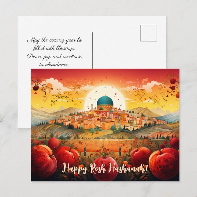 Cartão Postal ✡️ Rosh Hashanah com Domo de Rock & apple (Frente/Verso)