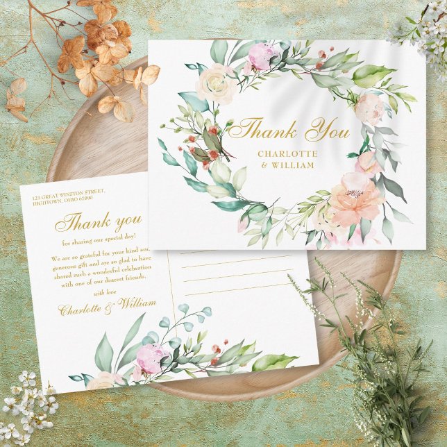 Cartão Postal Rosinhas Guirlanda Floral Dourado Agradecimento Sc (Roses Floral Garland Gold Script Thank You Postcard)